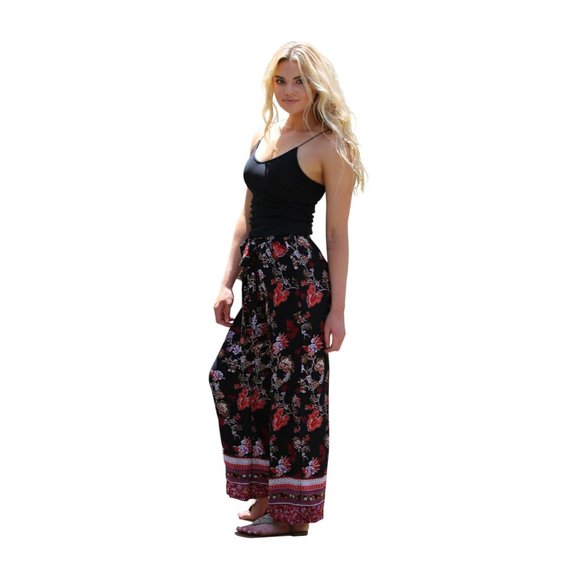 Angie Border Print Floral Pants, Black